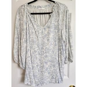 Ces Femme Sz L Blue and White Floral Blouse Cottagecore Boho Prairie